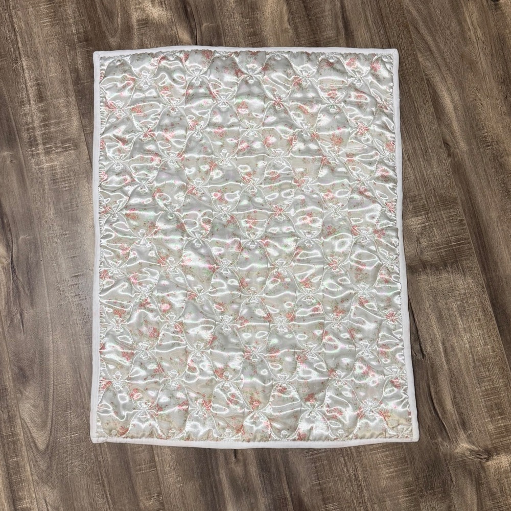 Laura Ashley Quilted Floral Bow Pillow Sham White Pink Satin Cottagecore Vintage